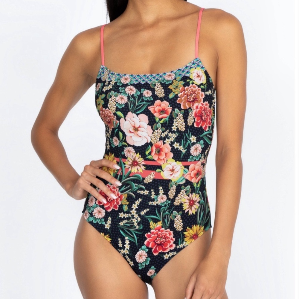 JOHNNY WAS retro one piece Mia swimsuit XL black floral